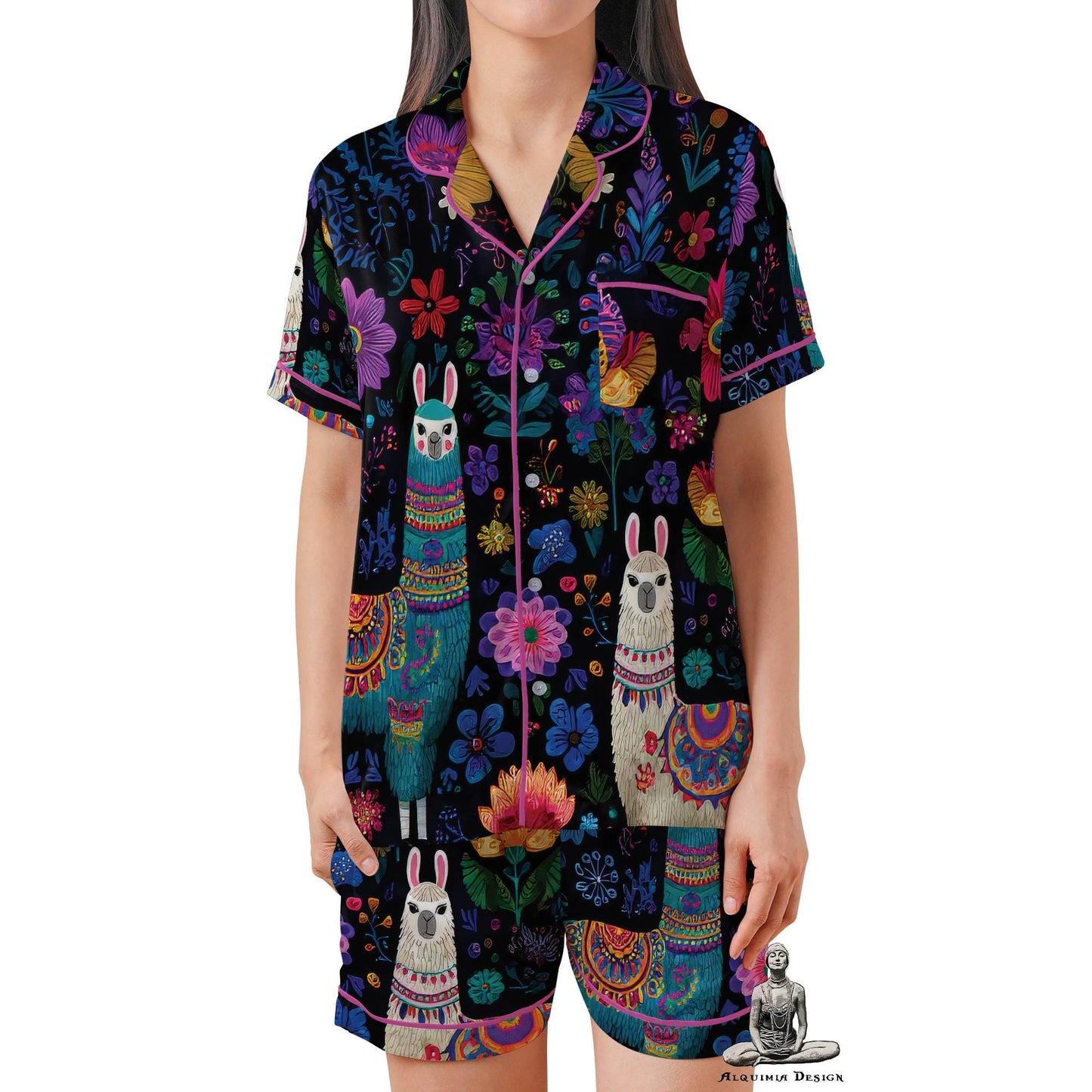 Llama Satin Pajama Set - Alpaca Womens Short Sleeve PJs with Flowers