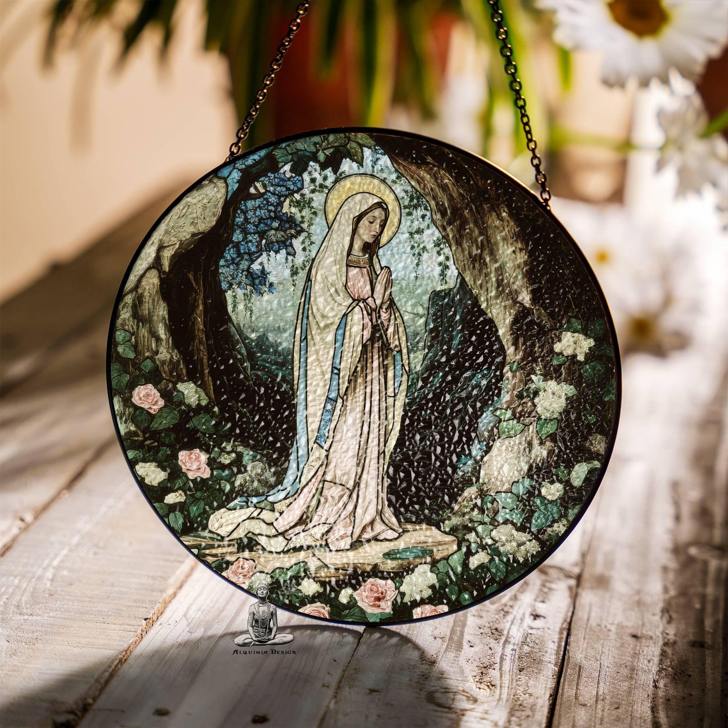 Stained Glass Lady of Lourdes Suncatcher Virgin Mary Religious Window Hanging
