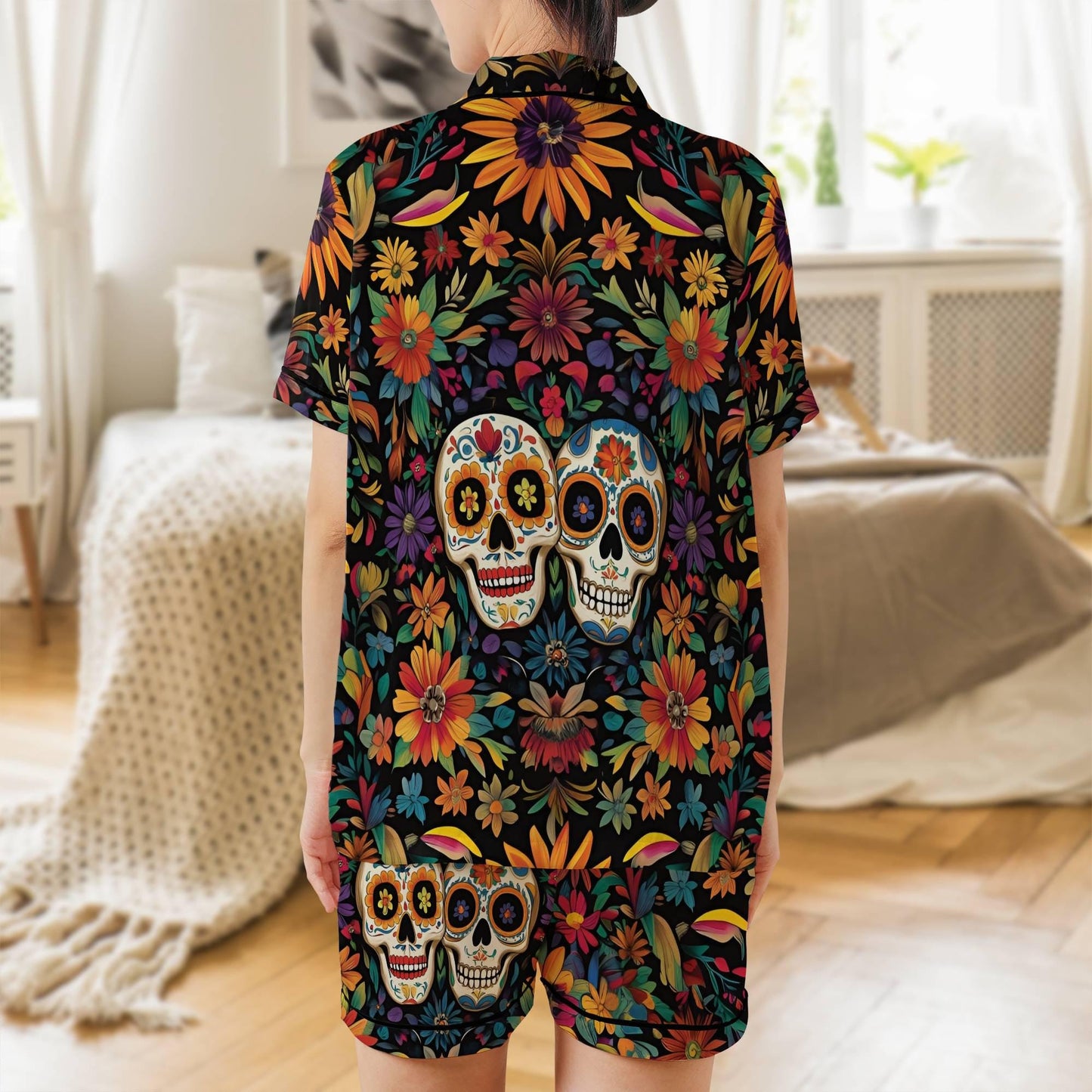 Sugar Skull Satin Pajama Set - Short Sleeve Day of the Dead Calavera PJs
