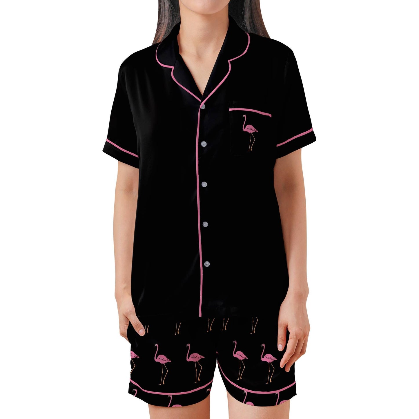 Flamingo Satin Pajama Set - Womens Black and Pink Short Sleeve Shorts