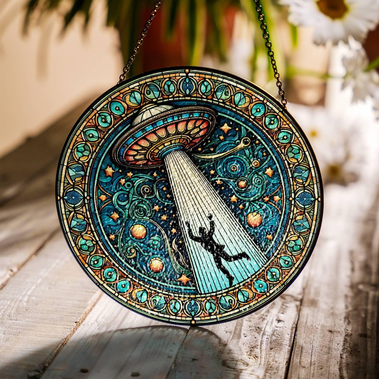 UFO Stained Glass SunCatcher UFO Abduction LightCatcher Cryptid Window Hanging