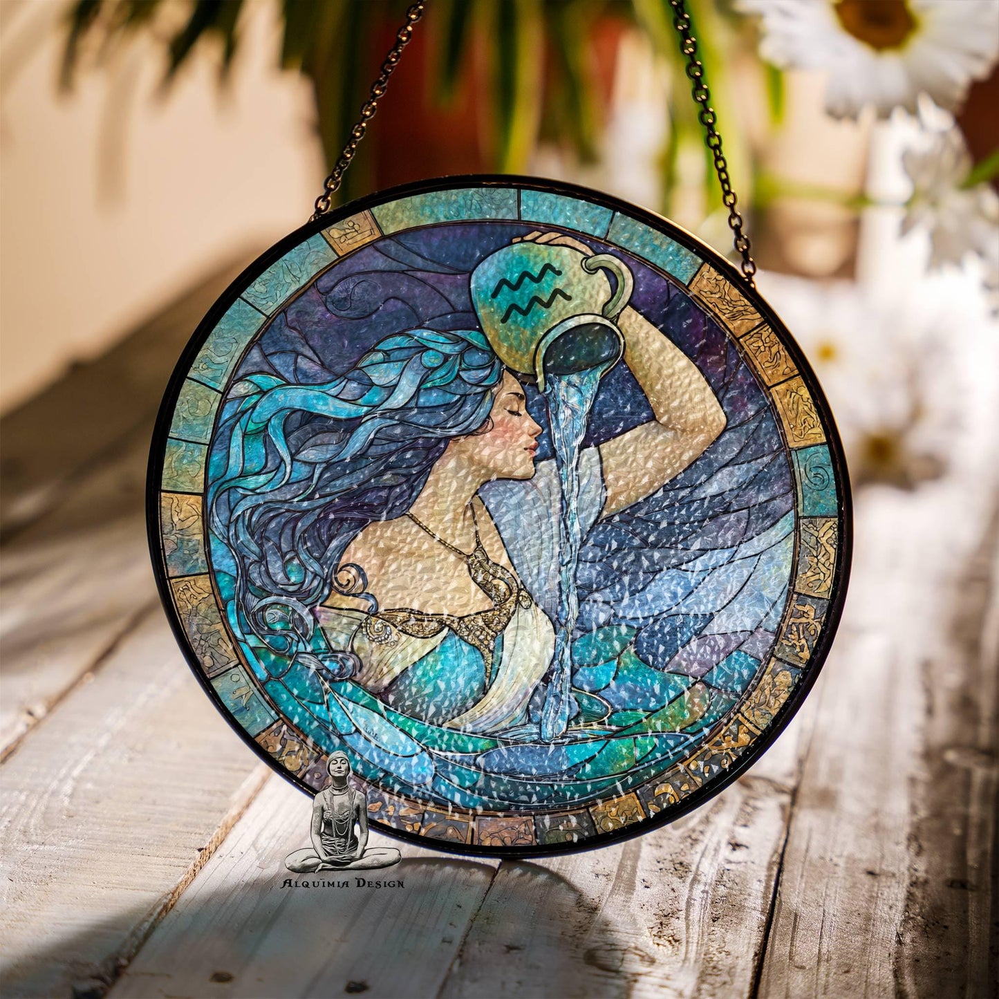 Aquarius Stained Glass Zodiac SunCatcher Aquarius Gift Window Hanging