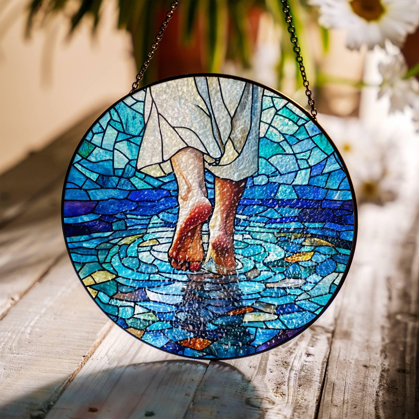 Jesus Walking on Water Stained Glass SunCatcher Christian Art Window Hanging