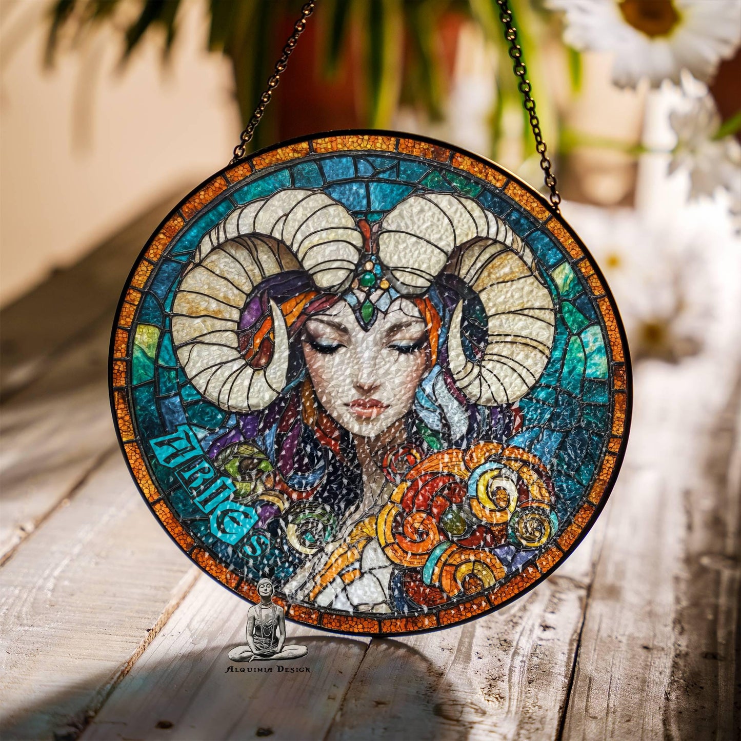 Aries Stained Glass Zodiac SunCatcher Aries Zodiac Sign Window Hanging Decor