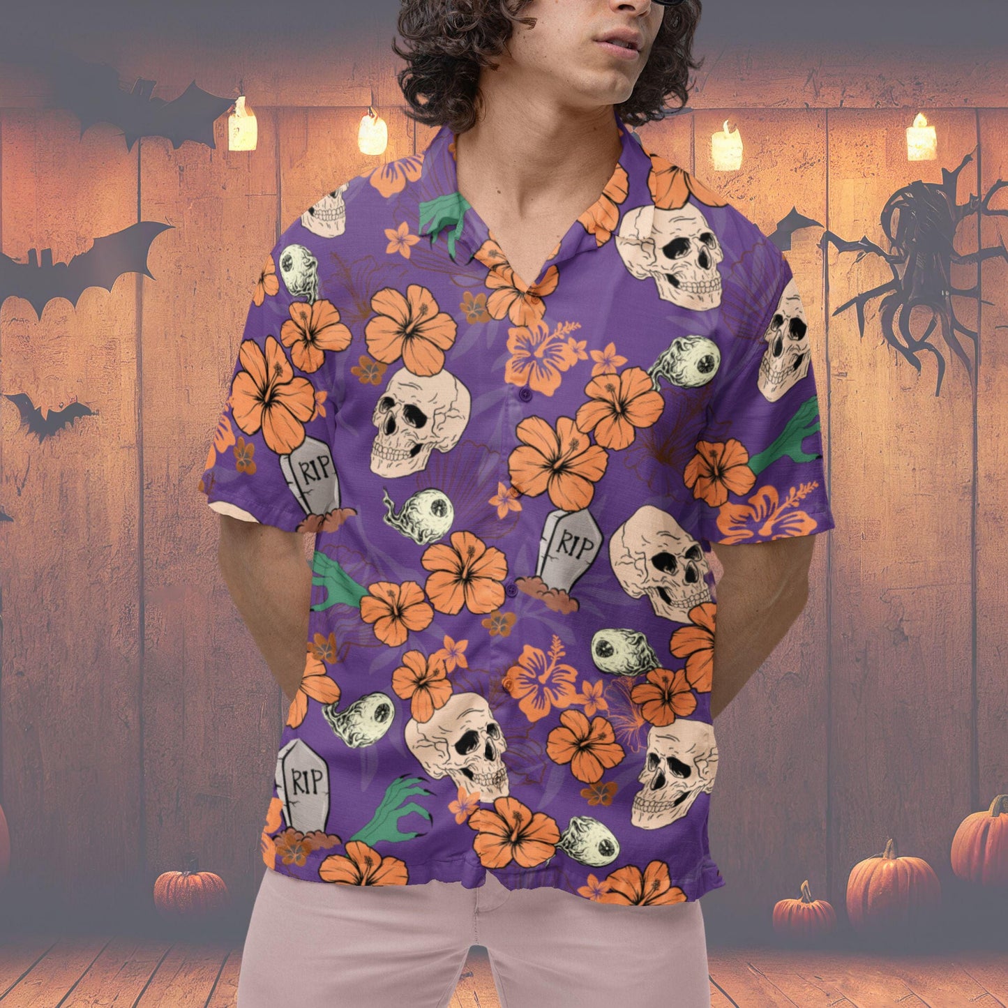 Halloween Button Down Shirt, Halloween Hawaiian Shirt Skeleton Halloween Pattern