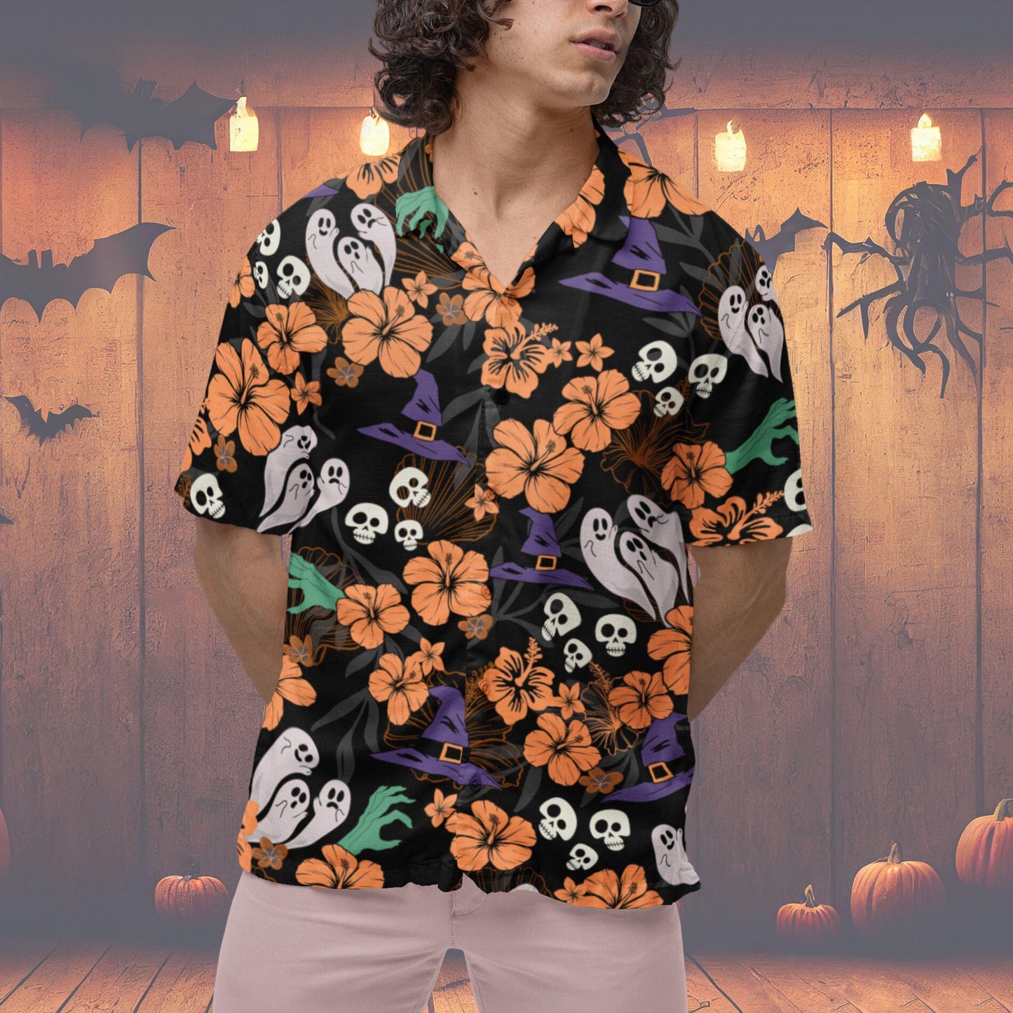 Halloween Hawaiian Shirt, Halloween Button Up Shirt Ghost Witch Halloween Pattern