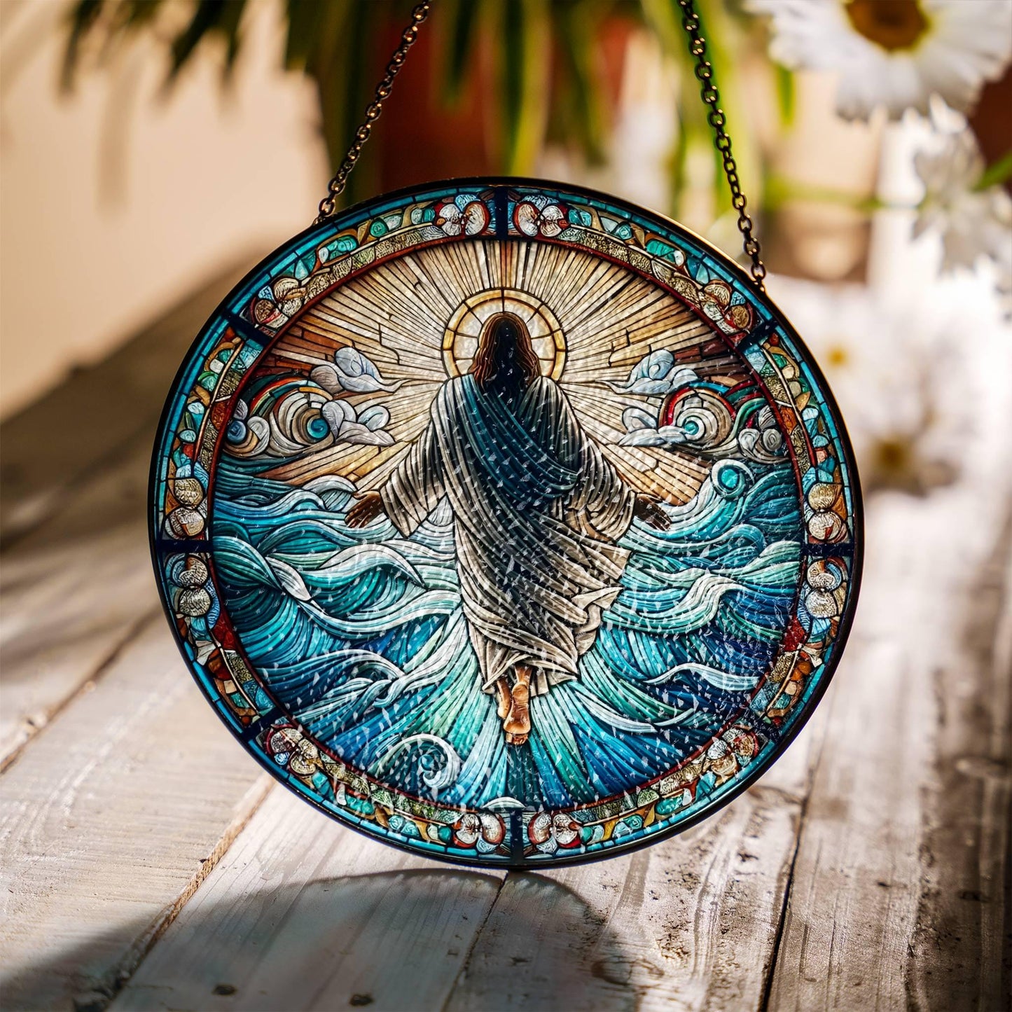Jesus Walking on Water Stained Glass SunCatcher Christian Art Window Hanging