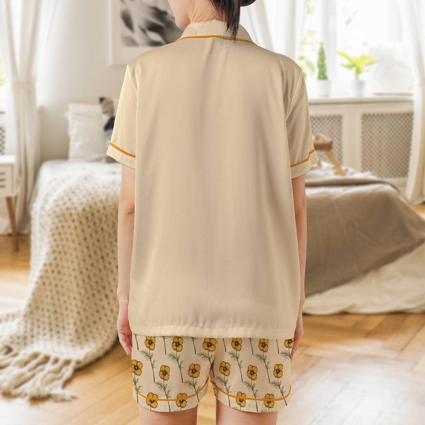 California Poppy Satin Pajama Set - Womens Short Sleeve Poppy Floral Sleepwear