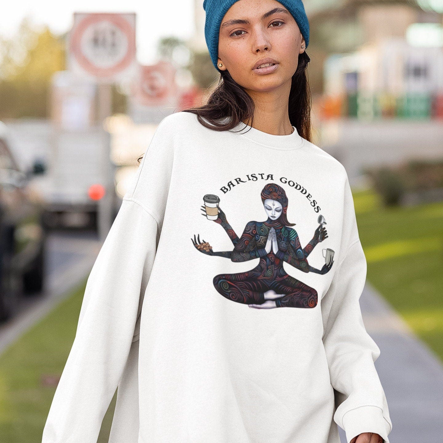 Barista Goddess Sweatshirt - Coffee Lover Crew Neck for Women
