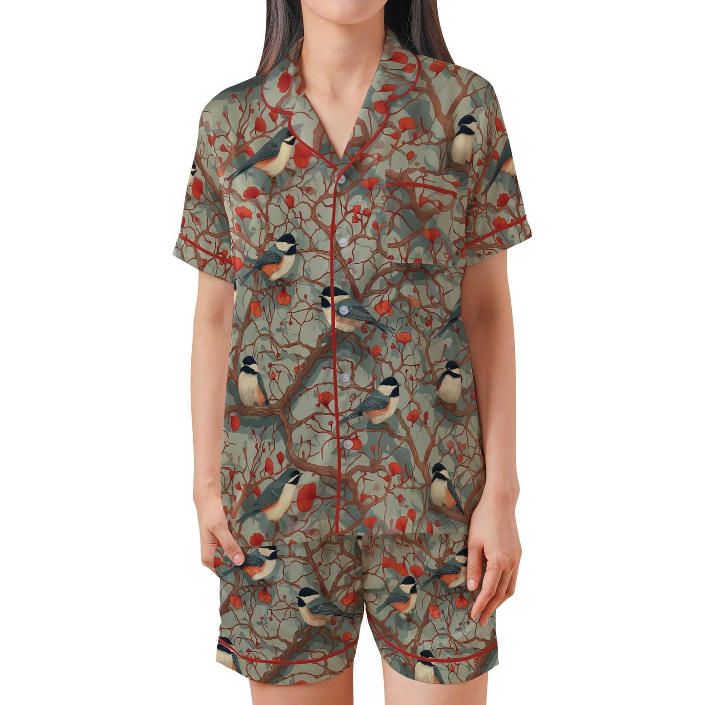 Chickadee Satin Pajama Set - Short Sleeve Bird Lover Gift Pajamas Set