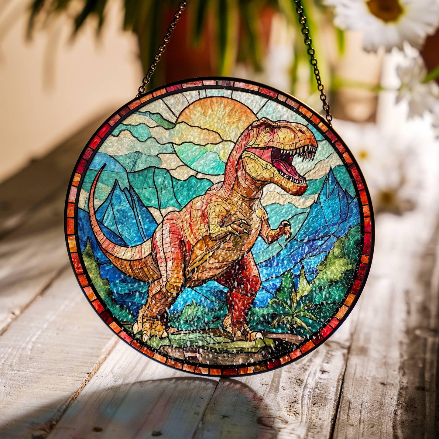 T-Rex Stained Glass SunCatcher - Dinosaur Window Hanging Decor Gift
