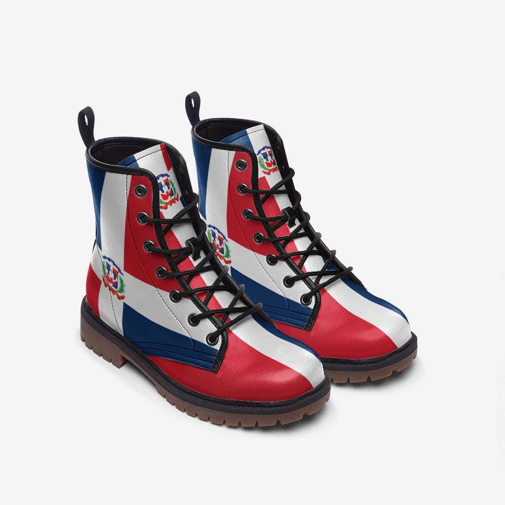 Dominican Republic Flag Boots, Republica Dominicana Vegan Leather Combat Boots