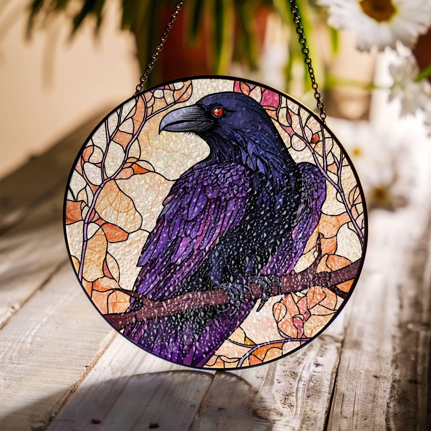 Raven Stained Glass Sun Catcher - Crow Window Hanging Decor for Raven Lovers