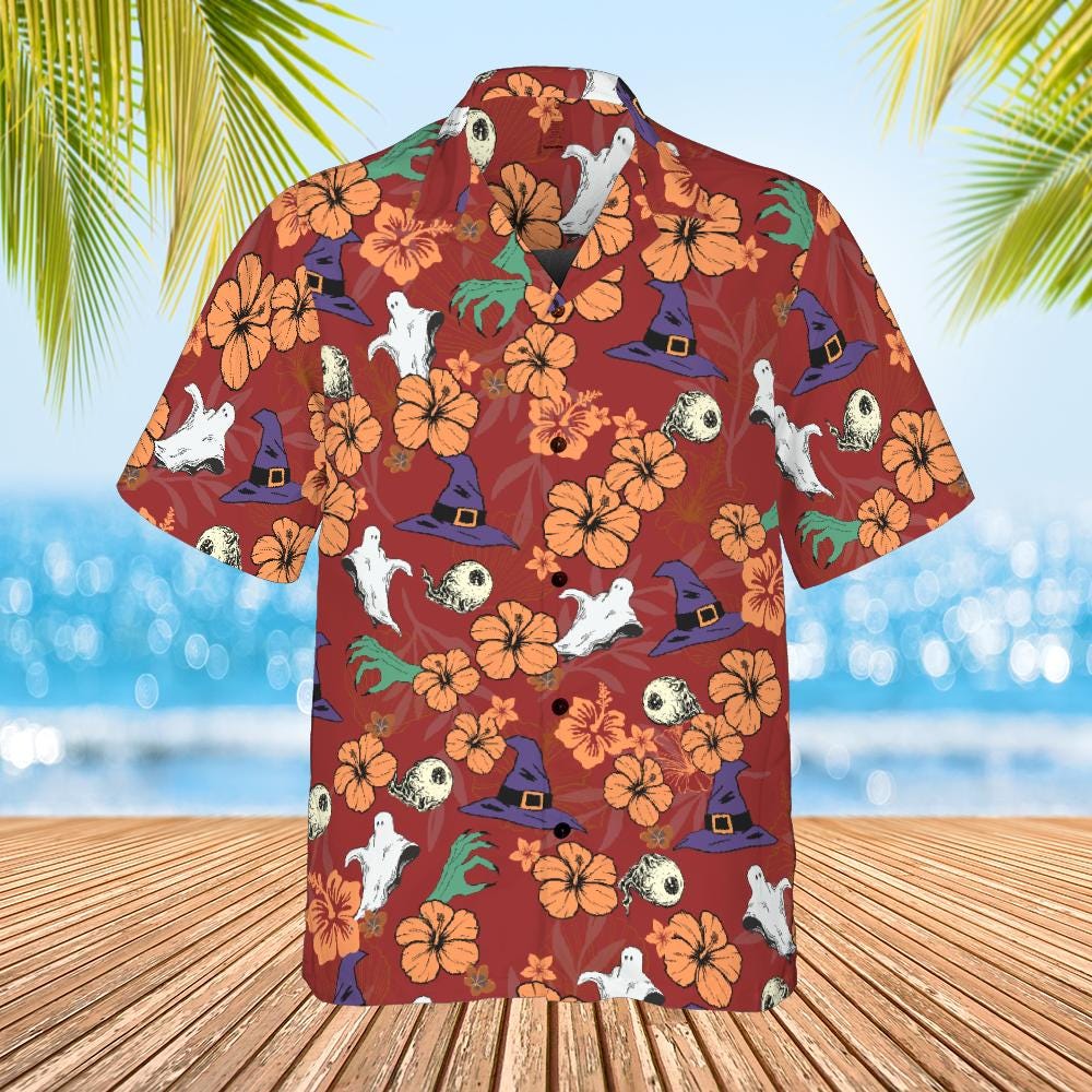 Halloween Hawaiian Shirt, Halloween Button Down Shirt Ghost Witch Skeleton Halloween Pattern