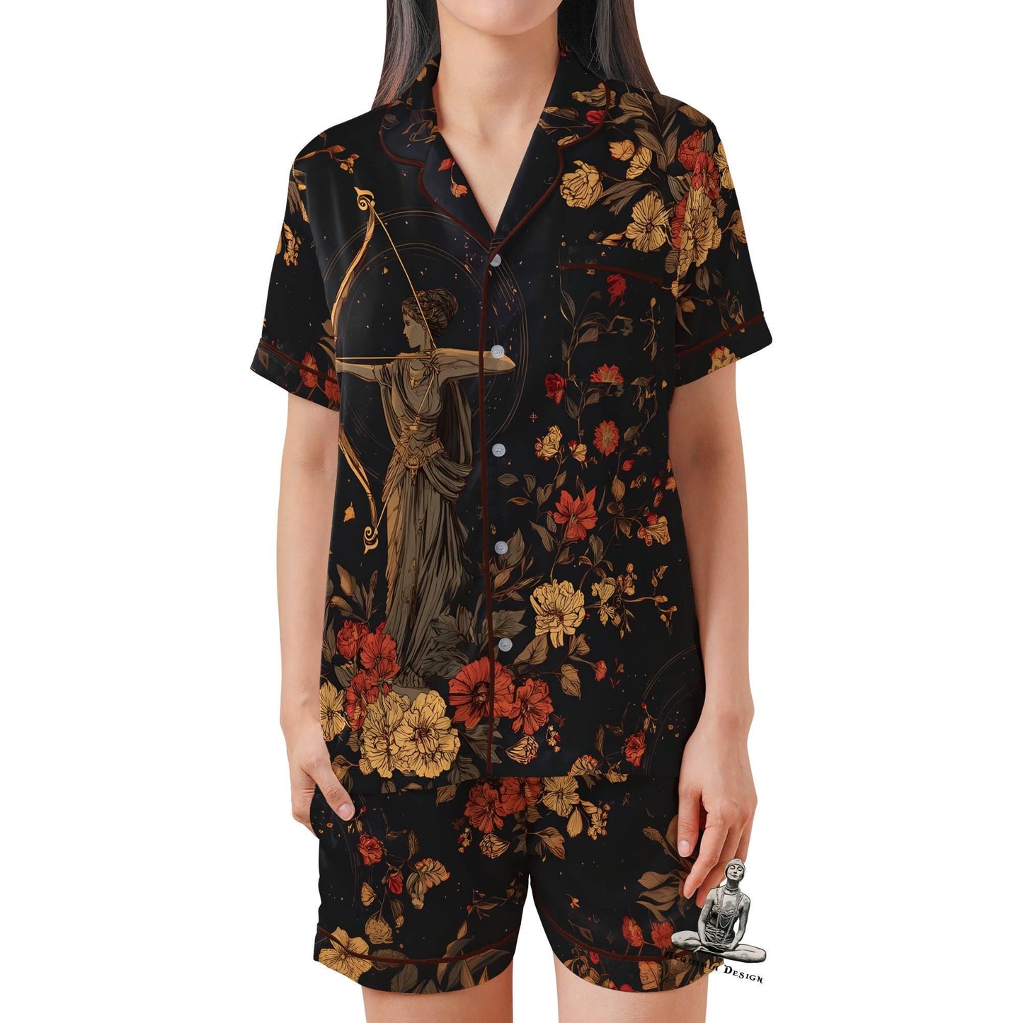 Artemis Pajamas Set Short Sleeves, Artemis Greek Goddess Woman's Satin Pajama