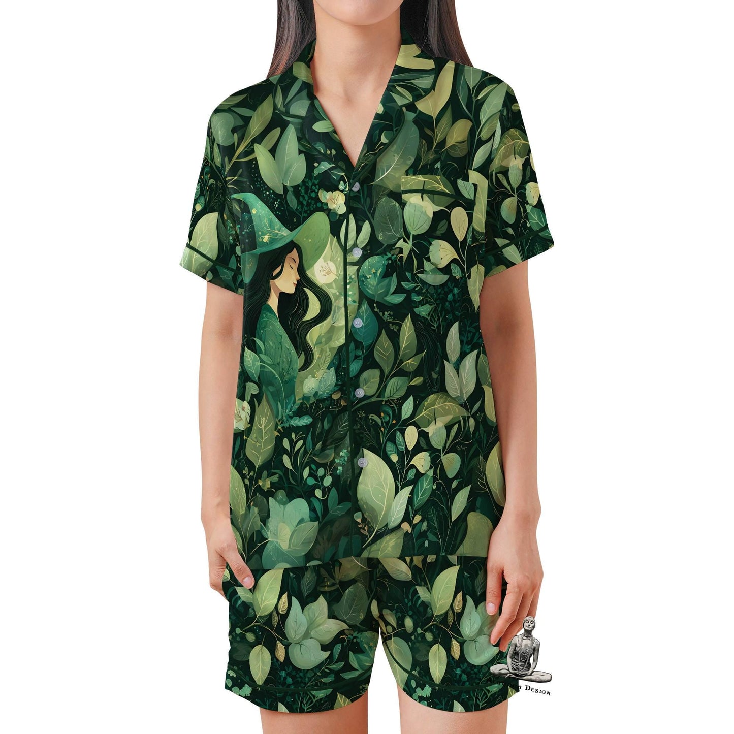 Green Witch Satin Pajama Set - Short Sleeve Wiccan Gift for Plant Lovers Witch
