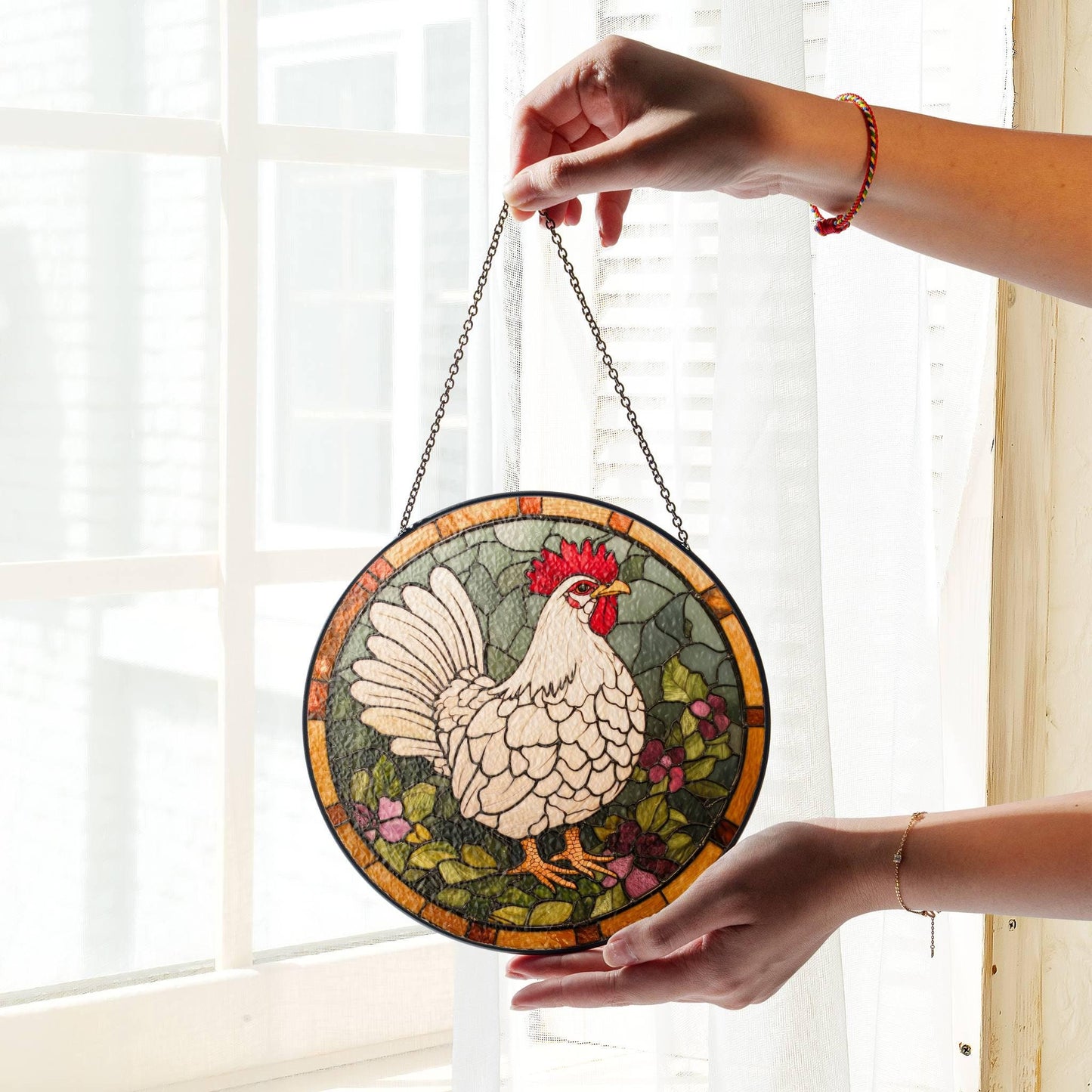 Chicken Stained Glass SunCatcher Farm Animal Window Hanging Home Decor Gift