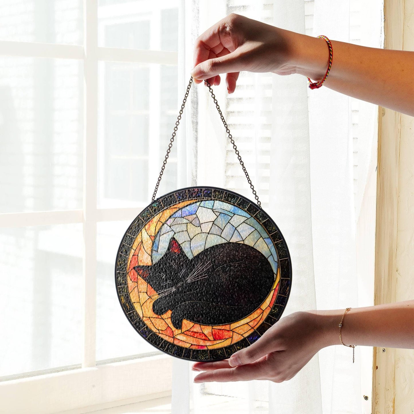 Sleeping Cat on Books Stained Glass Cat Memorial SunCatcher Window Hanging