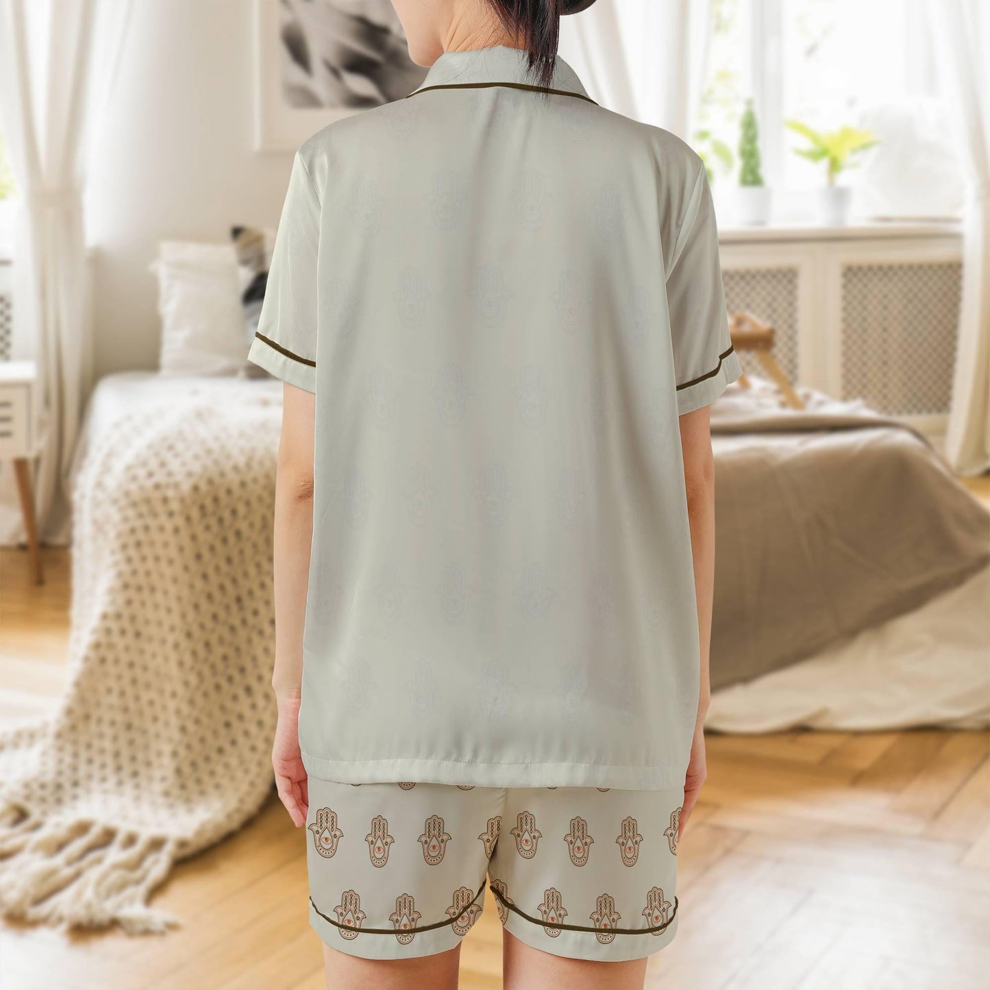 Hamsa Hand Pajama Set Short Sleeves, Hand of Fatima Woman's Satin Pajama