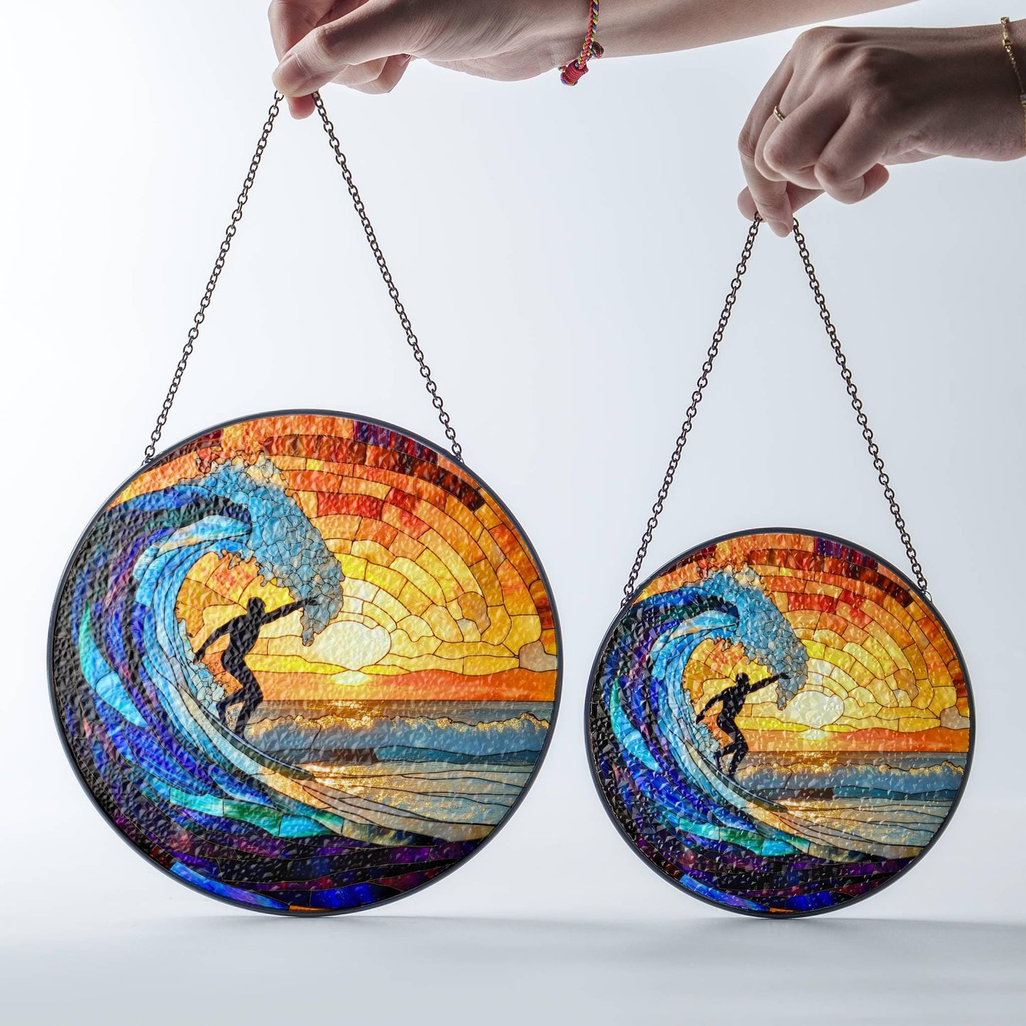 Surfing Stained Glass Sun Catcher - Beach Sunset Window Decor for Surf Lovers