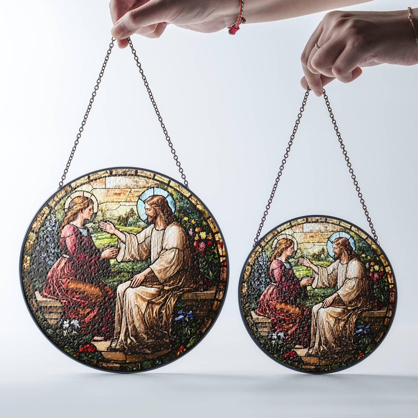 Jesus Healing Woman Stained Glass SunCatcher Christian Art Window Hanging Bible