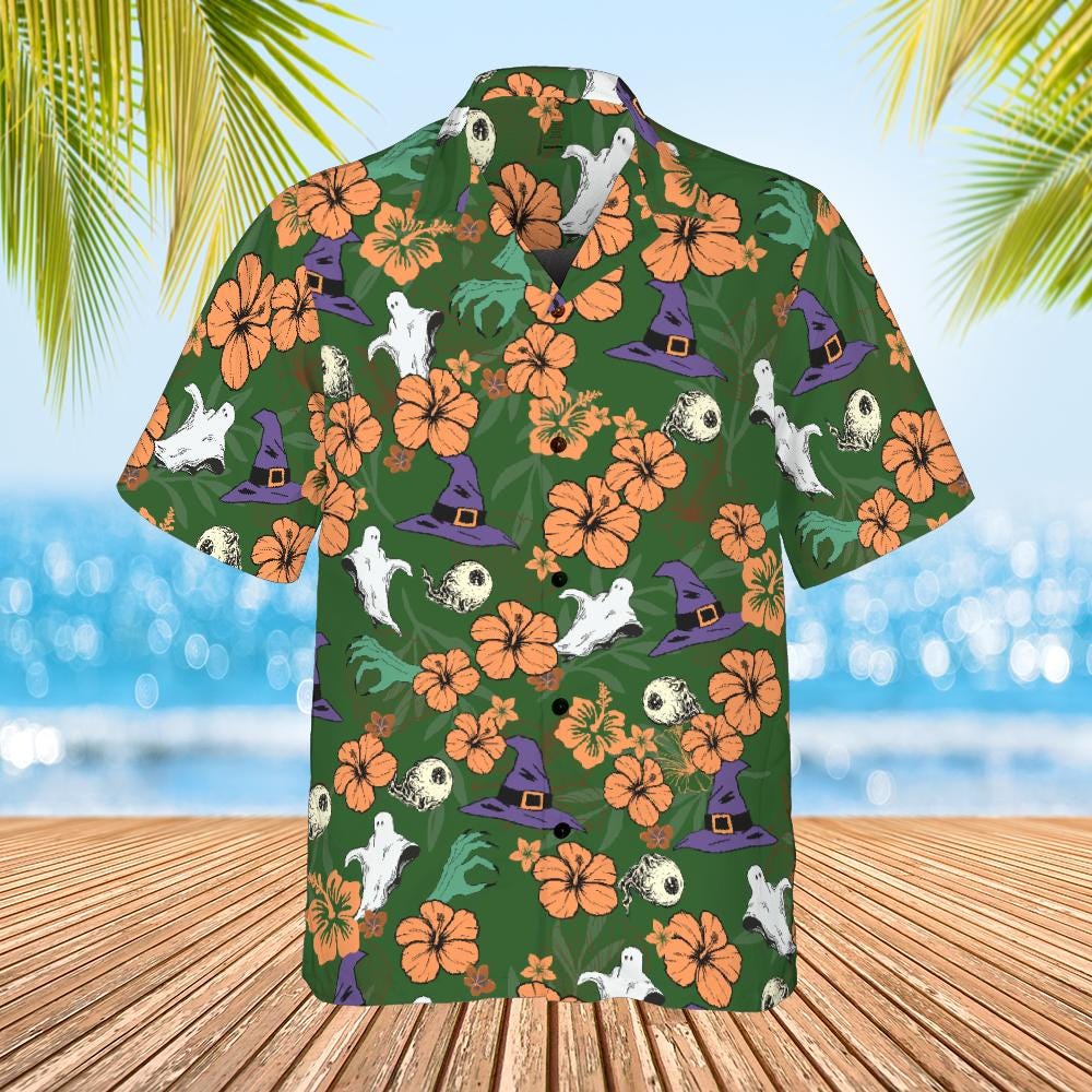 Halloween Hawaiian Shirt, Halloween Button Down Shirt Ghost Witch Skeleton Halloween Pattern