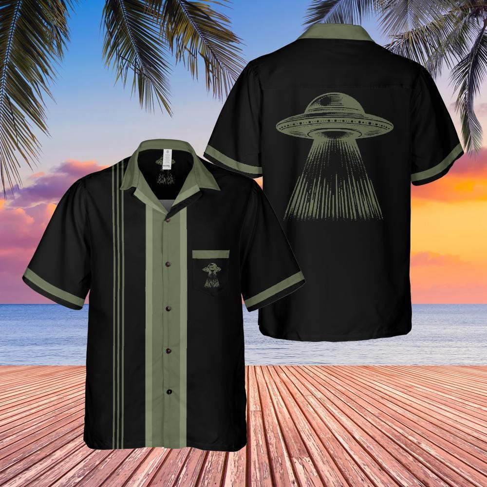 UFO Button Up Shirt with Pocket, Alien UFO Hawaiian Shirt Rockabilly Bowling Shirt