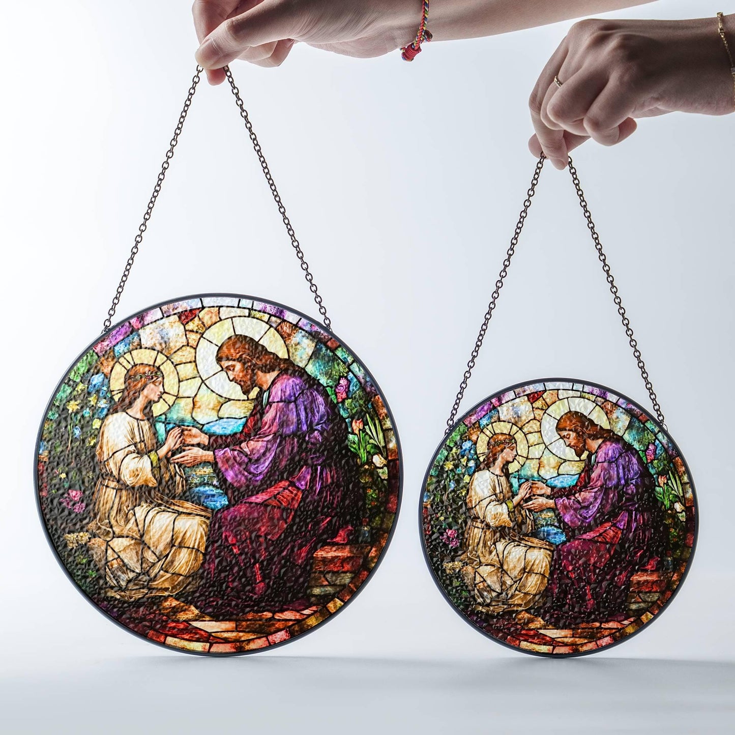 Jesus Healing Woman Stained Glass SunCatcher Christian Art Window Hanging Bible