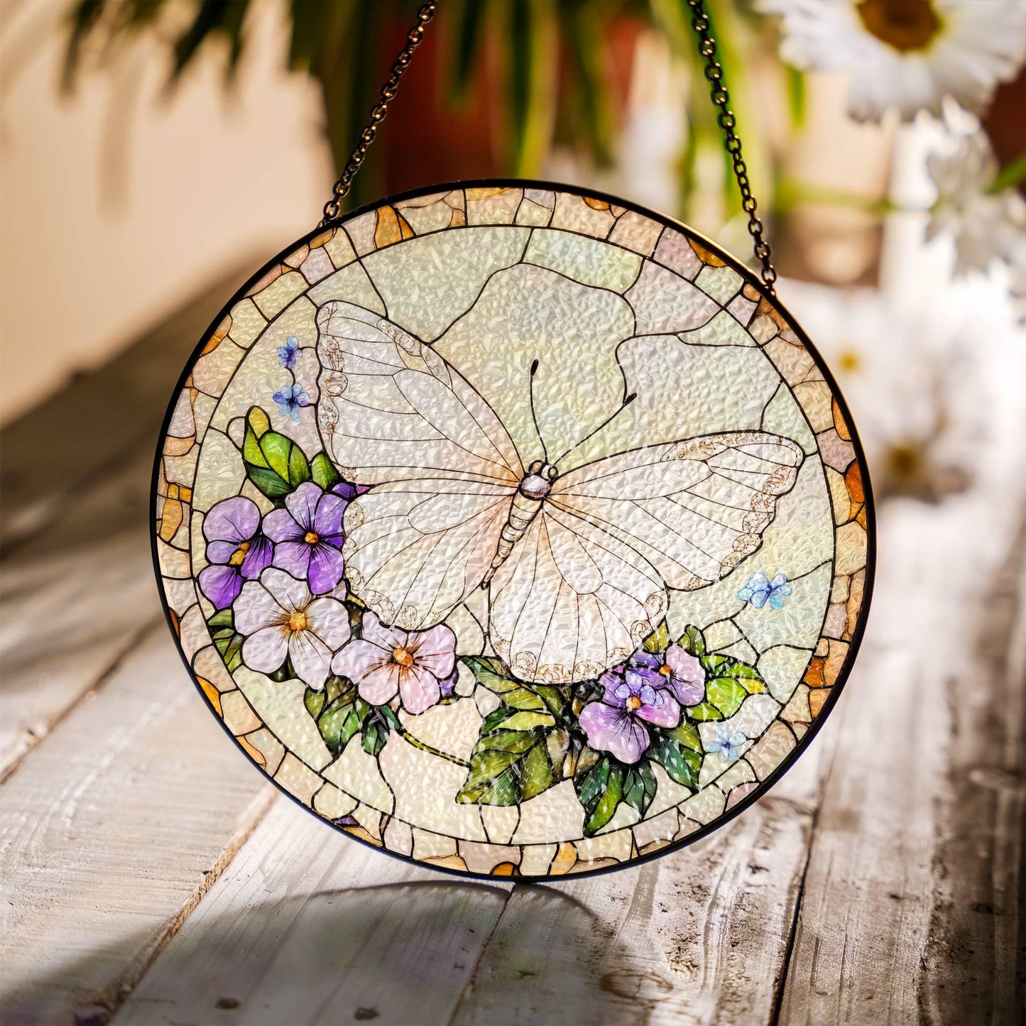 White Butterfly Stained Glass Sun Catcher - Floral Window Hanging Decor