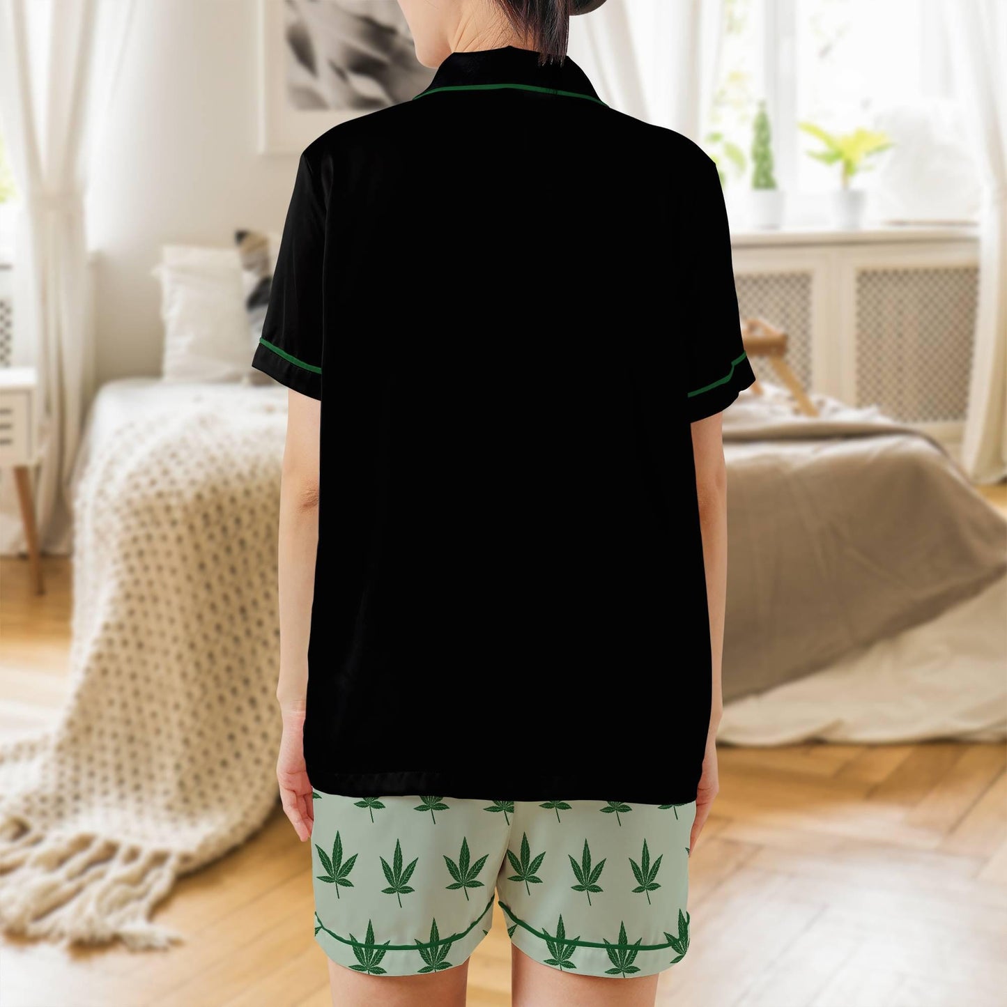 Weed Pajama Set - Stoner Womens Satin Stoner Short Sleeve Shorts Cannabis