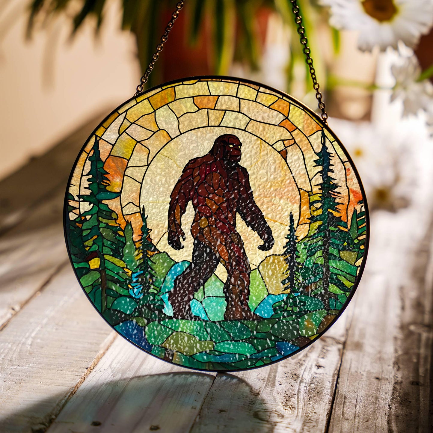 Bigfoot Stained Glass Sun Catcher - Sasquatch Cryptid Window Hanging Decor