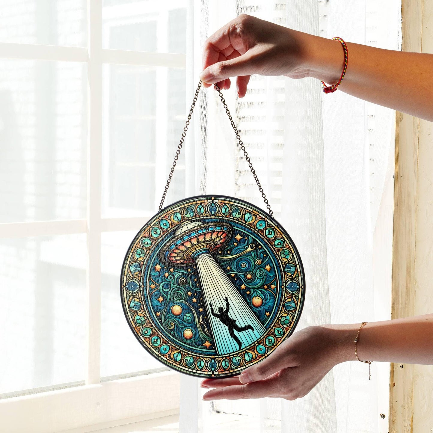 UFO Stained Glass SunCatcher UFO Abduction LightCatcher Cryptid Window Hanging