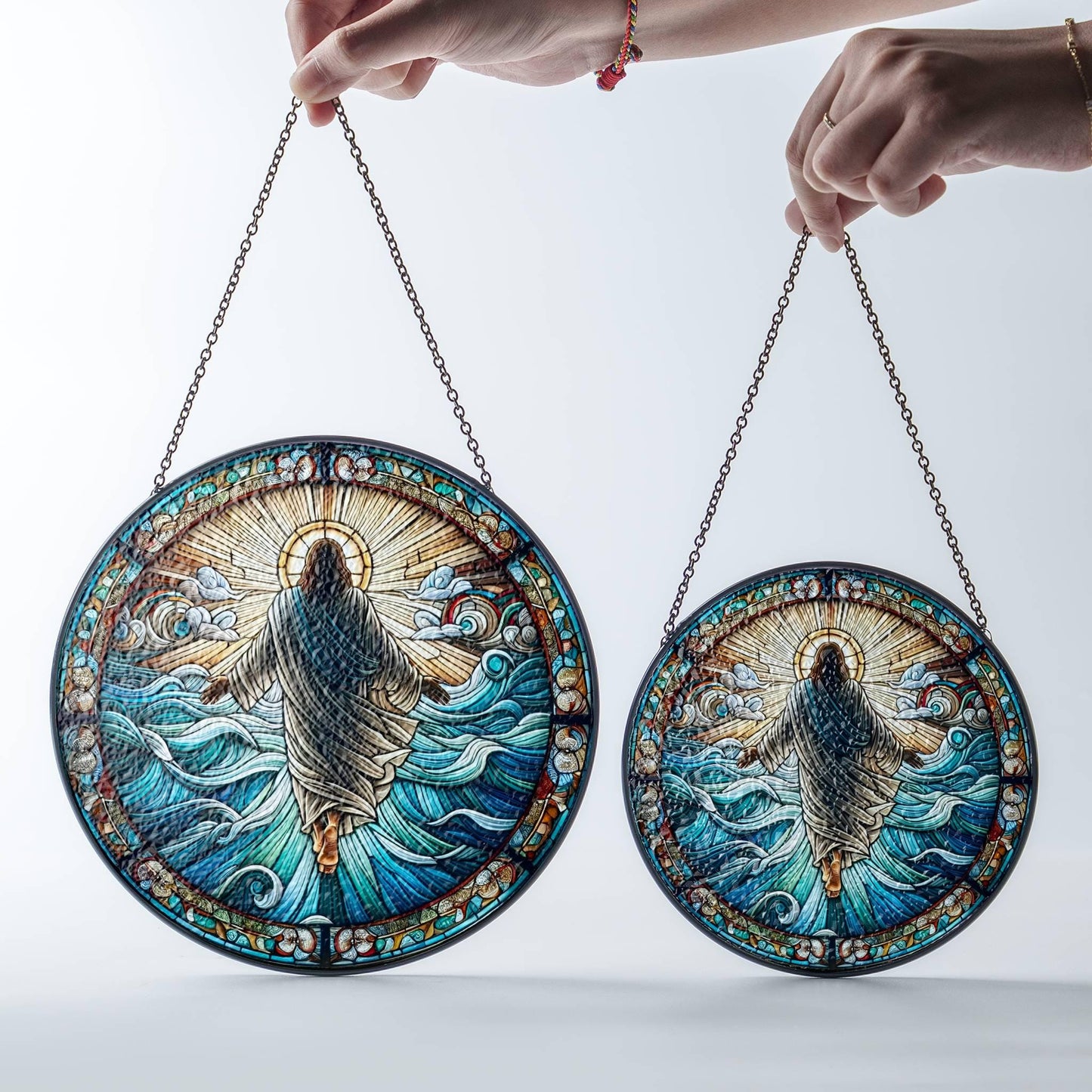 Jesus Walking on Water Stained Glass SunCatcher Christian Art Window Hanging