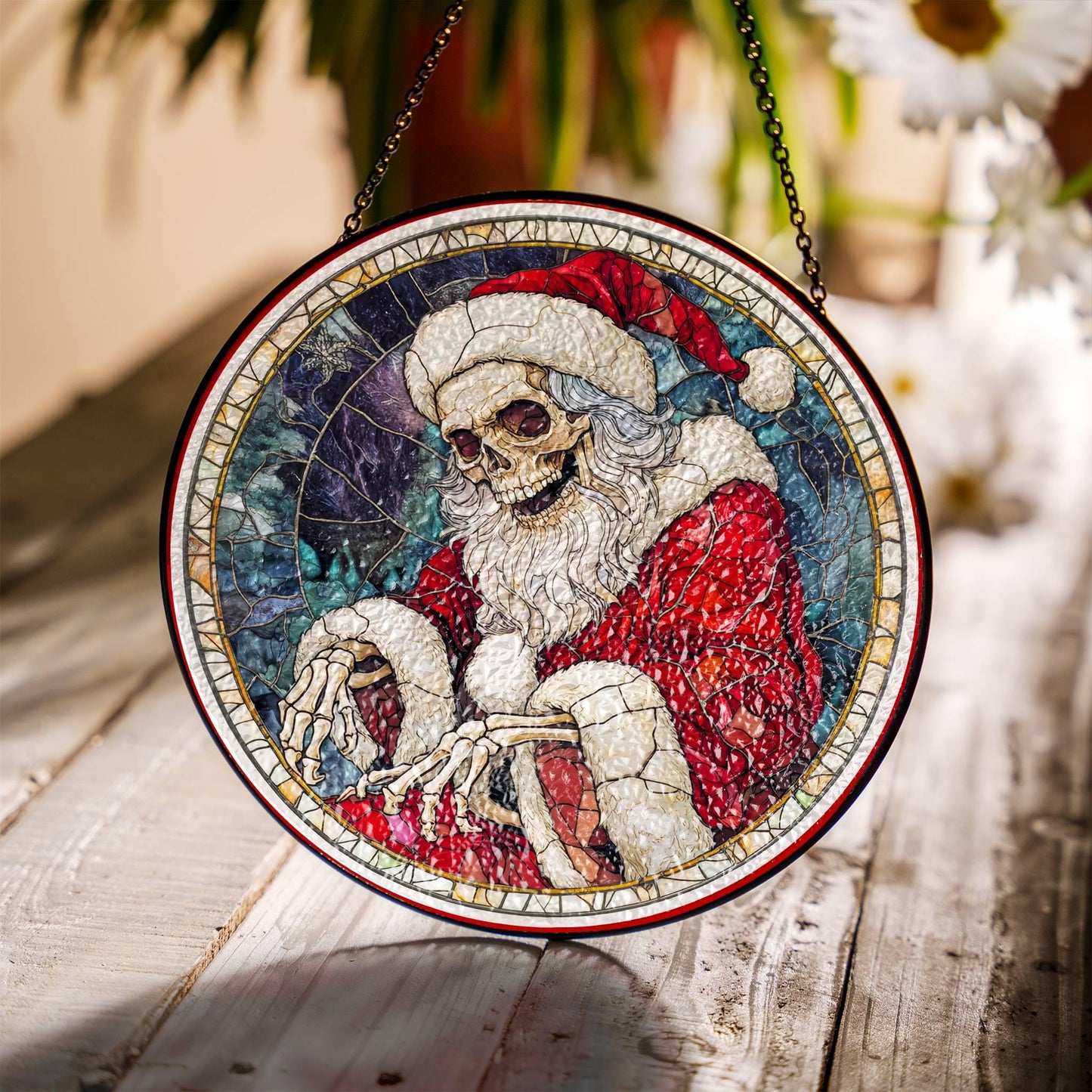 Skeleton Christmas Suncatcher - Faux Stained Glass Skull Window Decor