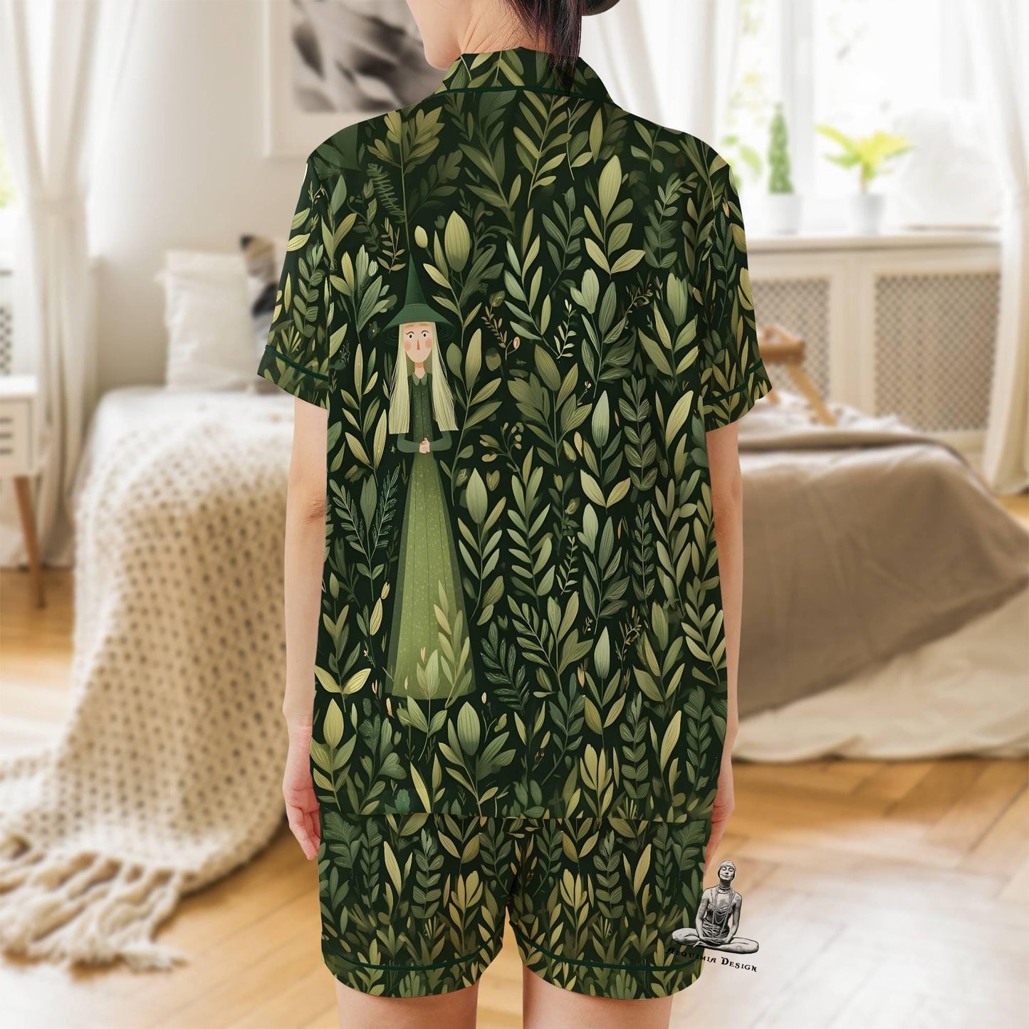 Green Witch Satin Pajama Set - Short Sleeve Wiccan Gift for Plant Lovers Witch
