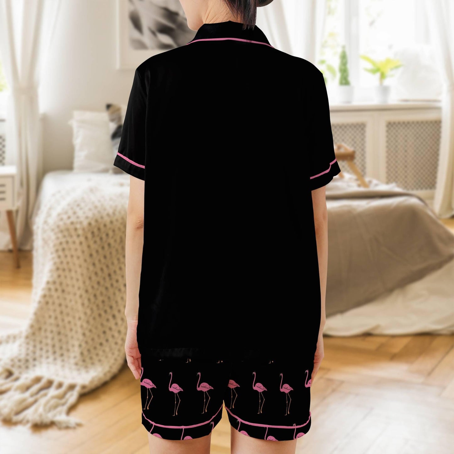 Flamingo Satin Pajama Set - Womens Black and Pink Short Sleeve Shorts
