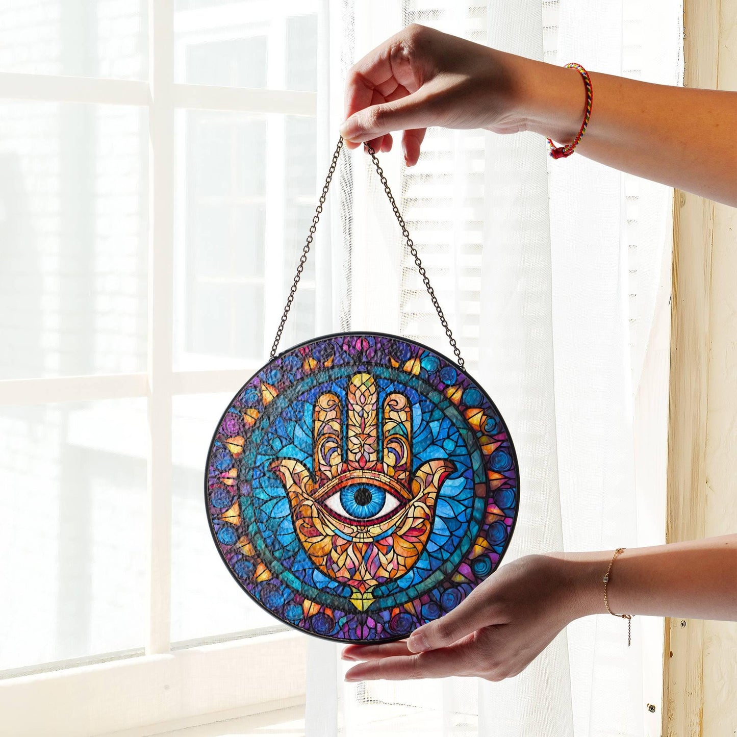Hamsa Hand Stained Glass Sun Catcher - Hand of Fatima Window Hanging Decor