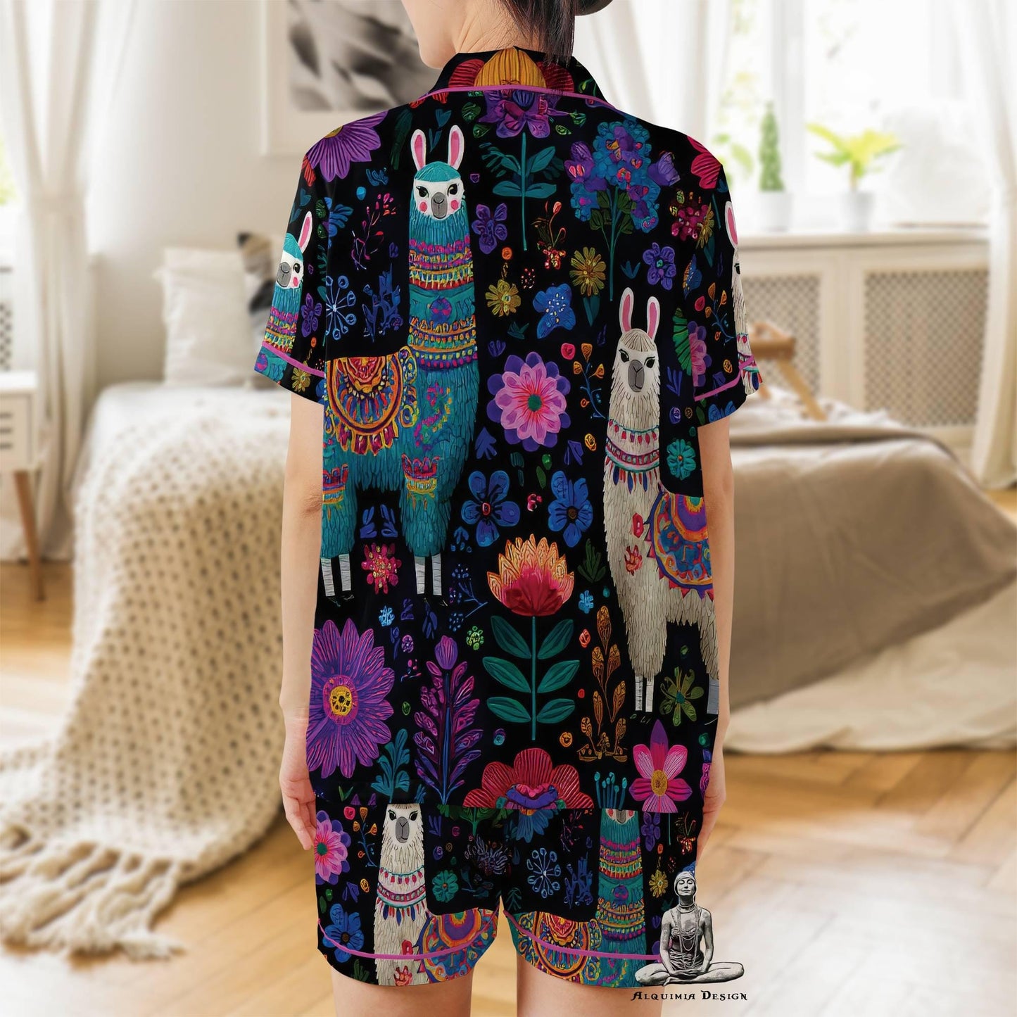 Llama Satin Pajama Set - Alpaca Womens Short Sleeve PJs with Flowers