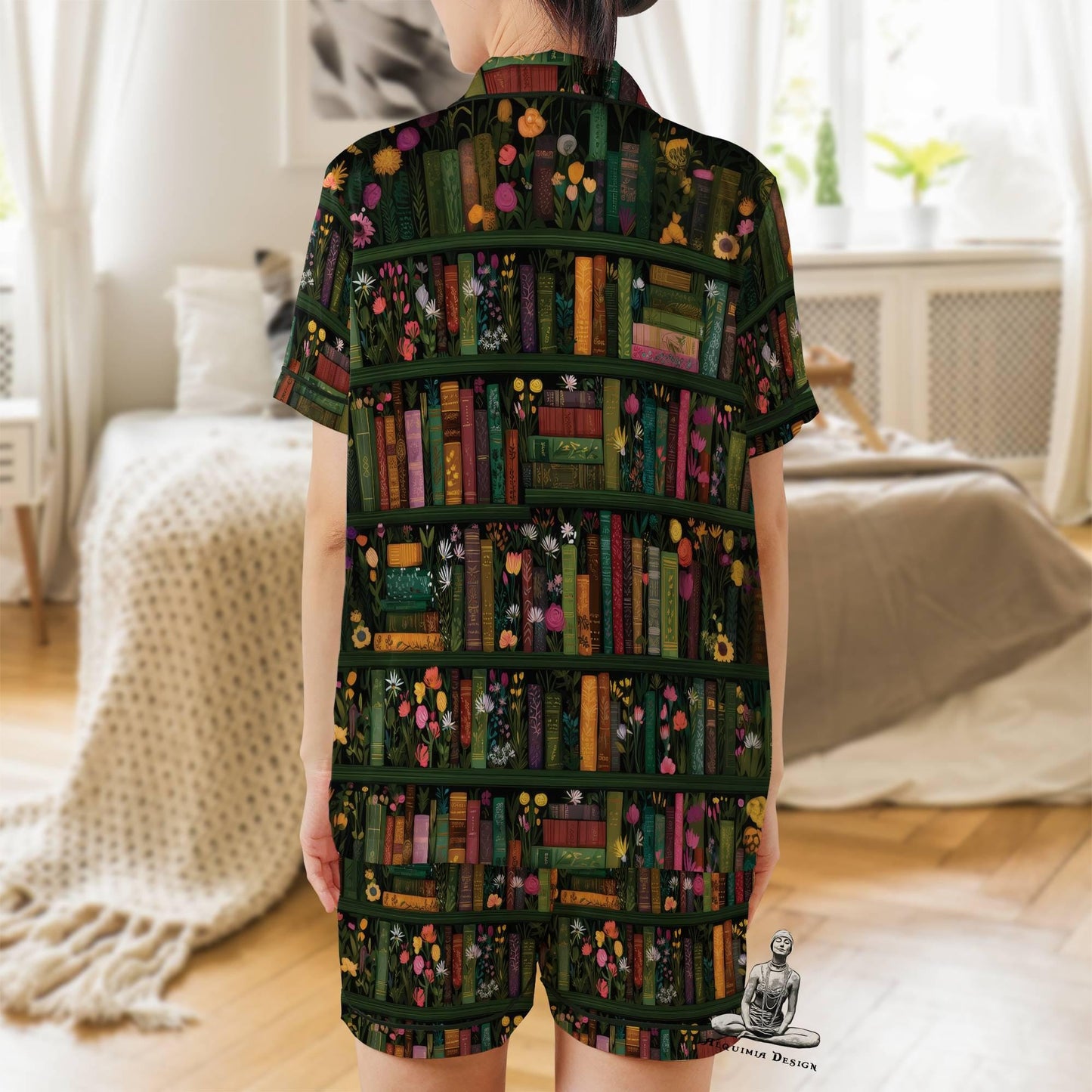 Book Short Sleeves Pajama Set, Book Lover Woman's Satin Pajama Reader Gift