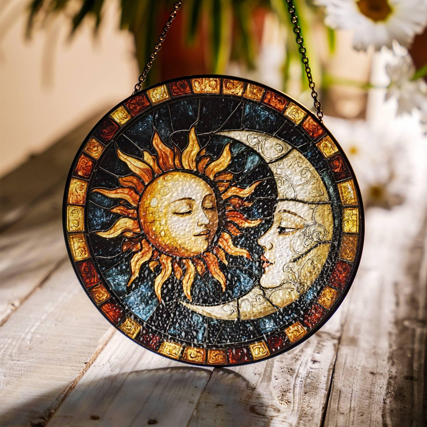 Stained Glass Sun Moon SunCatcher - Decorative Window Hanging