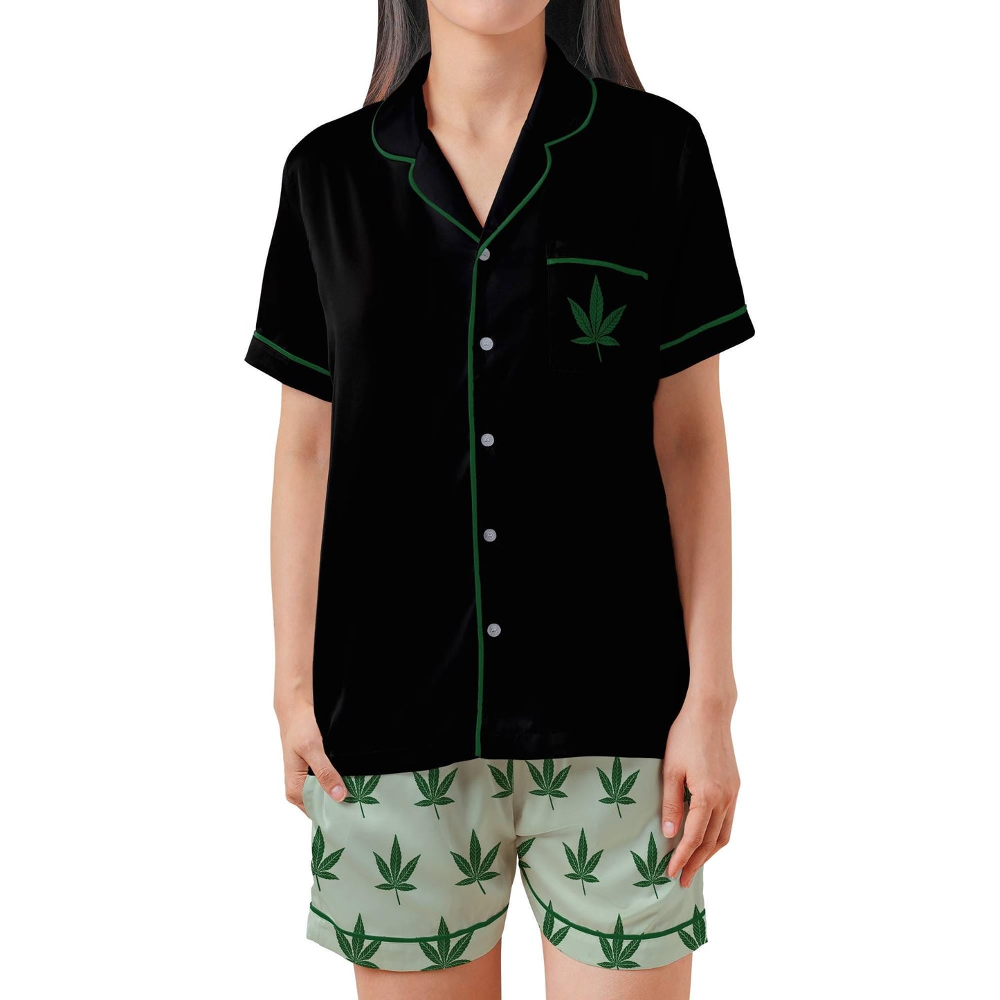 Weed Pajama Set - Stoner Womens Satin Stoner Short Sleeve Shorts Cannabis