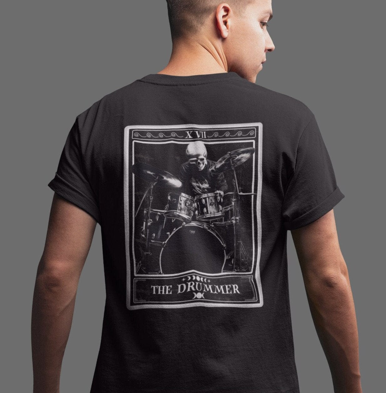 The Drummer Tarot Card Shirt, BACK PRINT Drum Player