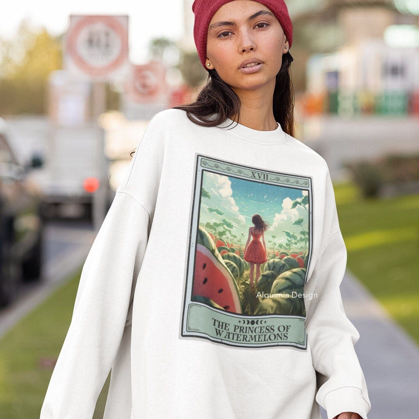 The Princess of Watermelons Tarot Card Sweatshirt, Watermelon