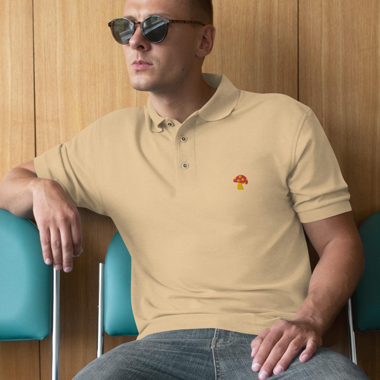 Mushroom Shirt For Mens, Mushroom Polo Shirt Mushroom Golf Shirt Men's Premium Polo Embroidered Mushroom Logo