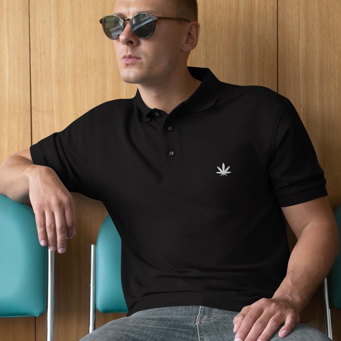 Stoner Shirt For Men, Weed Polo Shirt, Embroidered Cannabis Logo Men's Premium Polo Weed Golf Shirt