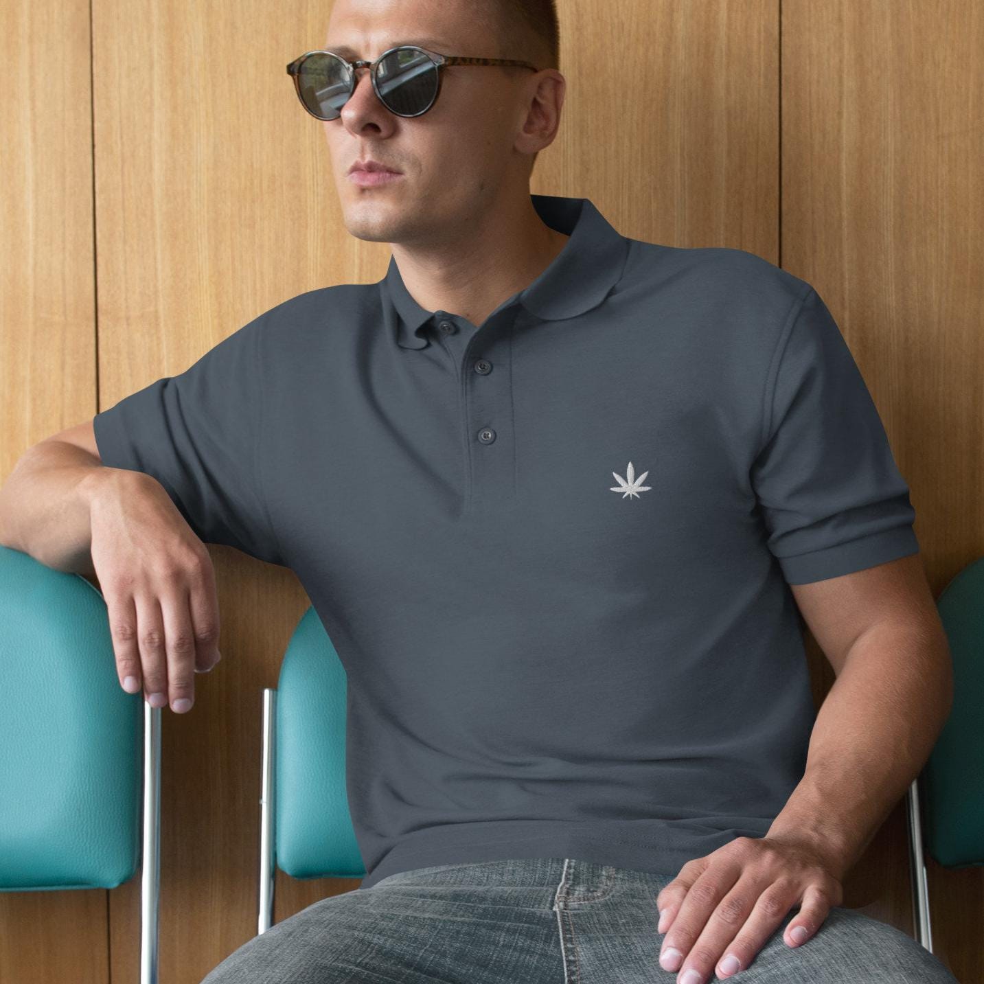 Stoner Shirt For Men, Weed Polo Shirt, Embroidered Cannabis Logo Men's Premium Polo Weed Golf Shirt
