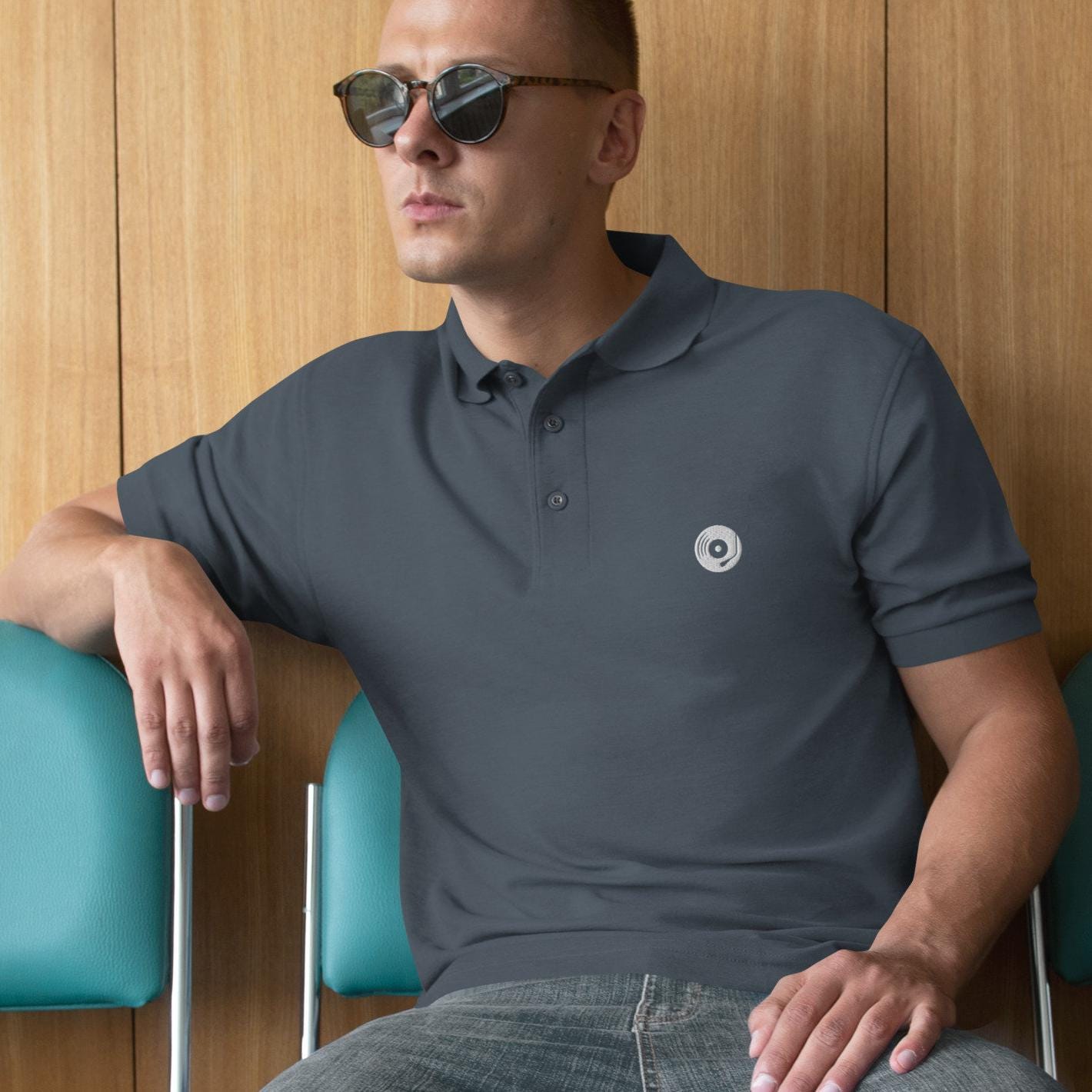 Vinyl Record Shirt For Men, Audiophile Polo Shirt Embroidered Vinyl Record Logo Men's Premium Polo Turntable Shirt