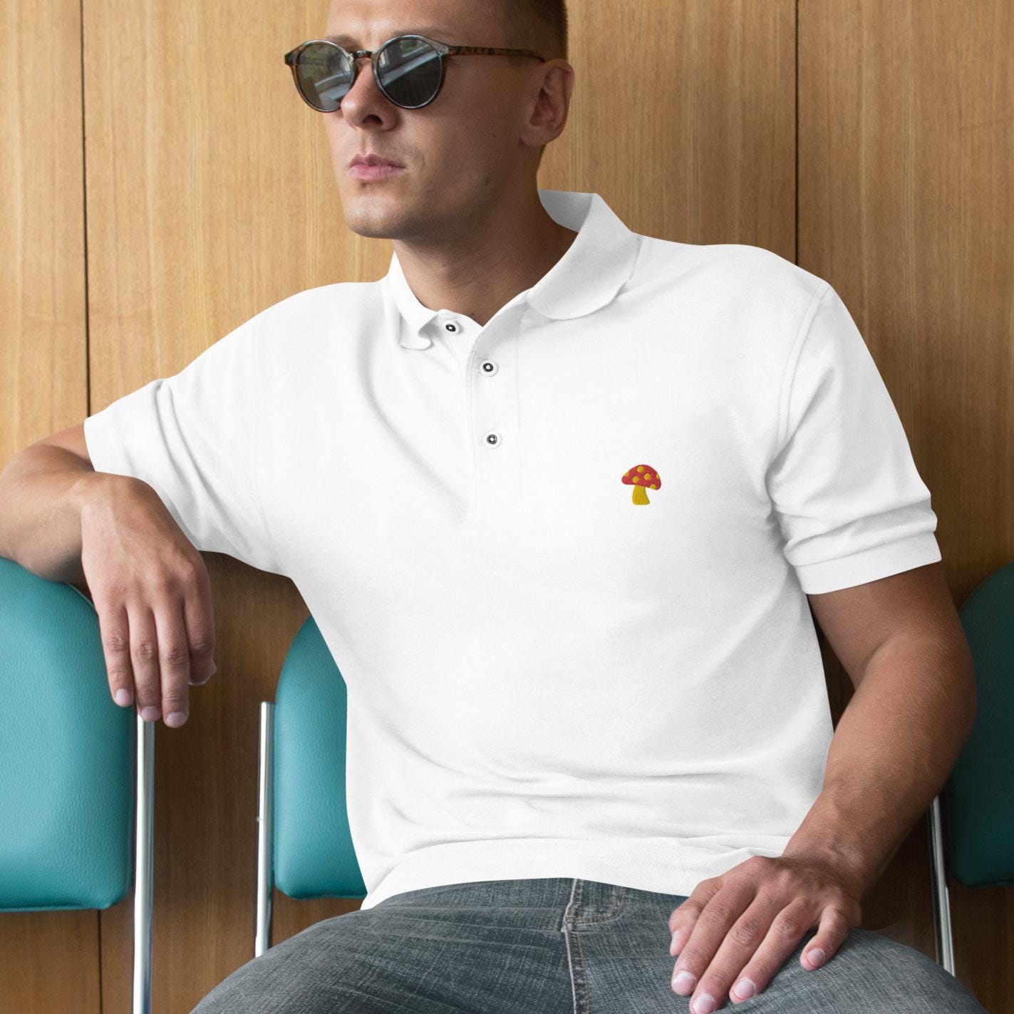 Mushroom Shirt For Mens, Mushroom Polo Shirt Mushroom Golf Shirt Men's Premium Polo Embroidered Mushroom Logo