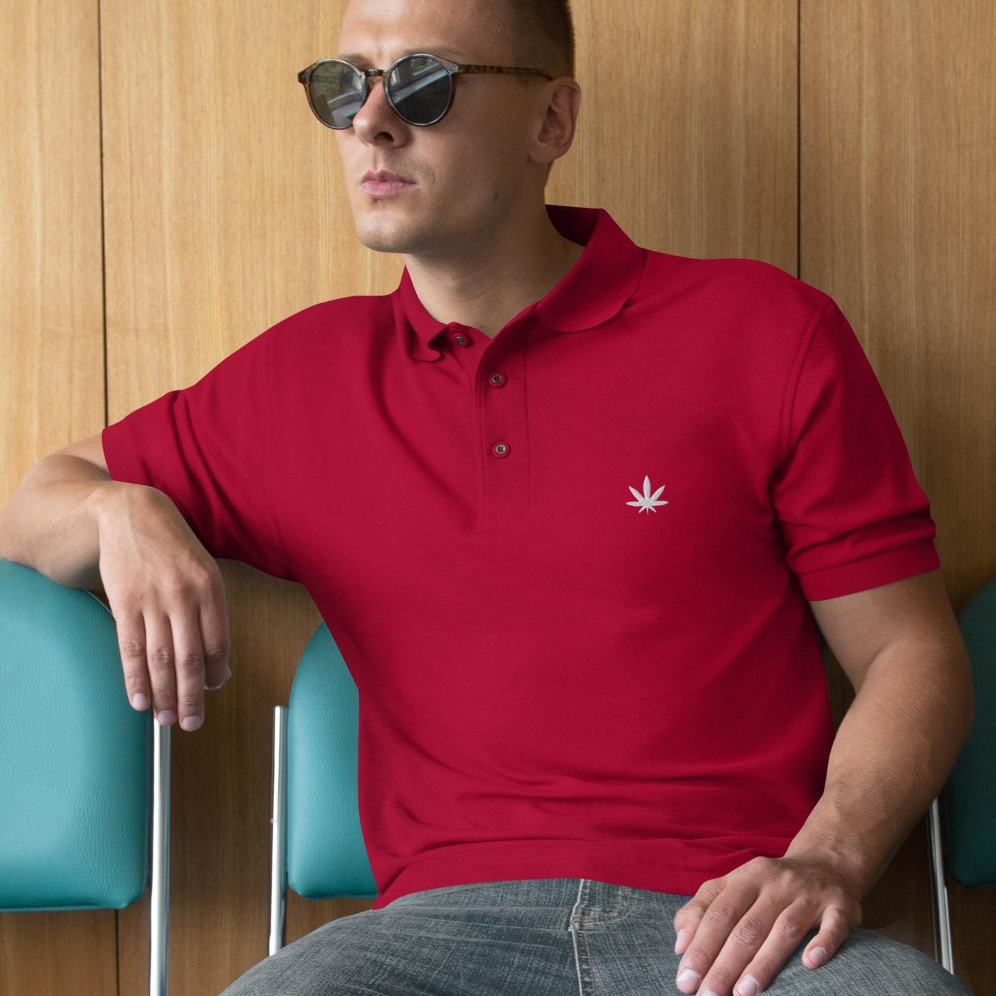 Stoner Shirt For Men, Weed Polo Shirt, Embroidered Cannabis Logo Men's Premium Polo Weed Golf Shirt