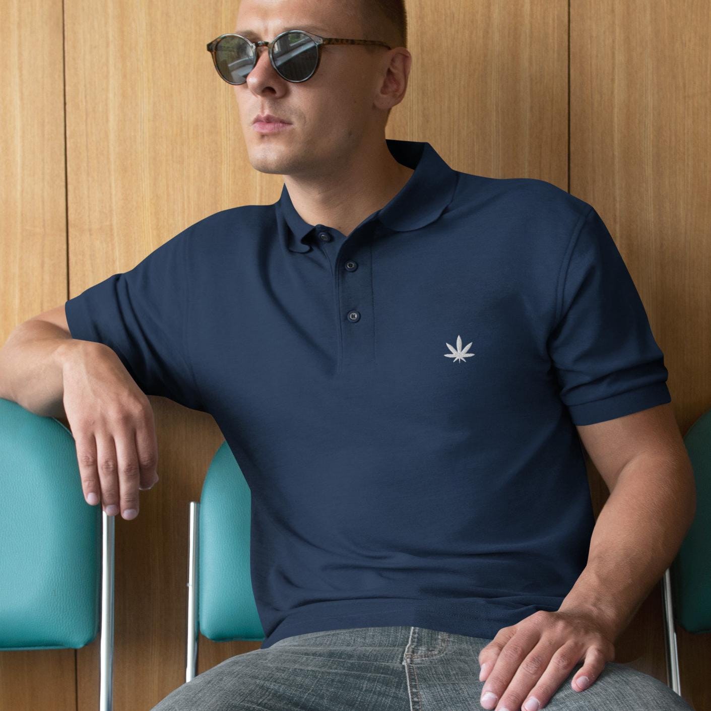 Stoner Shirt For Men, Weed Polo Shirt, Embroidered Cannabis Logo Men's Premium Polo Weed Golf Shirt